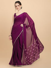 Wine Embroidered Silk Blend Saree - Inddus.com