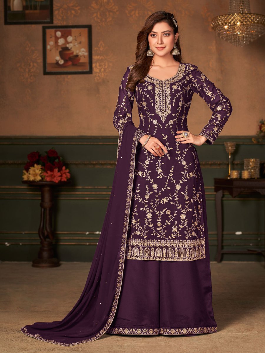 Wine Georgette Embroidered Festive Palazzo Suit - Inddus.com