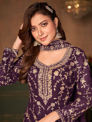 Wine Georgette Embroidered Festive Palazzo Suit - Inddus.com