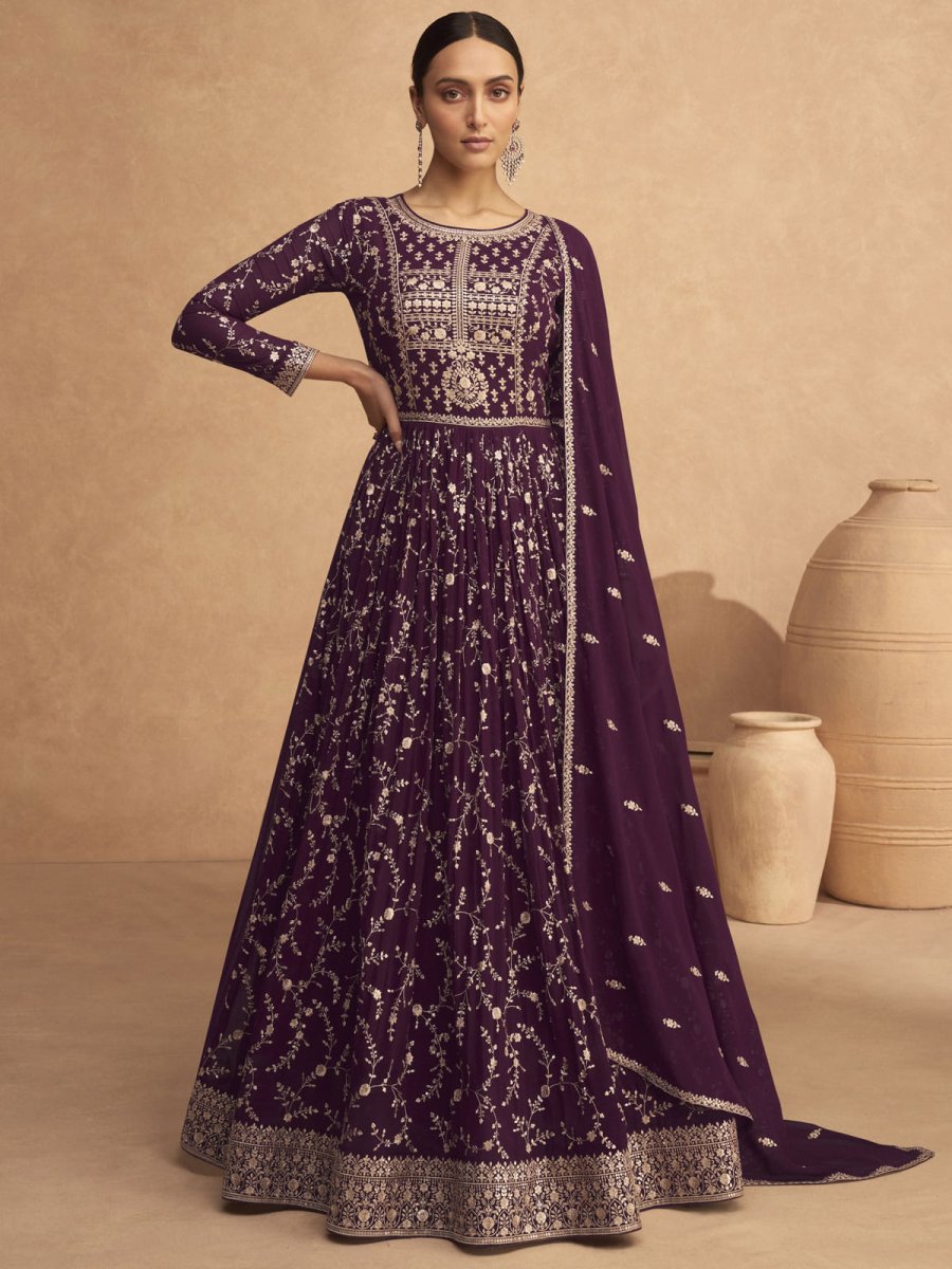 Wine Georgette Partywear Anrakali Style Gown - Inddus.com