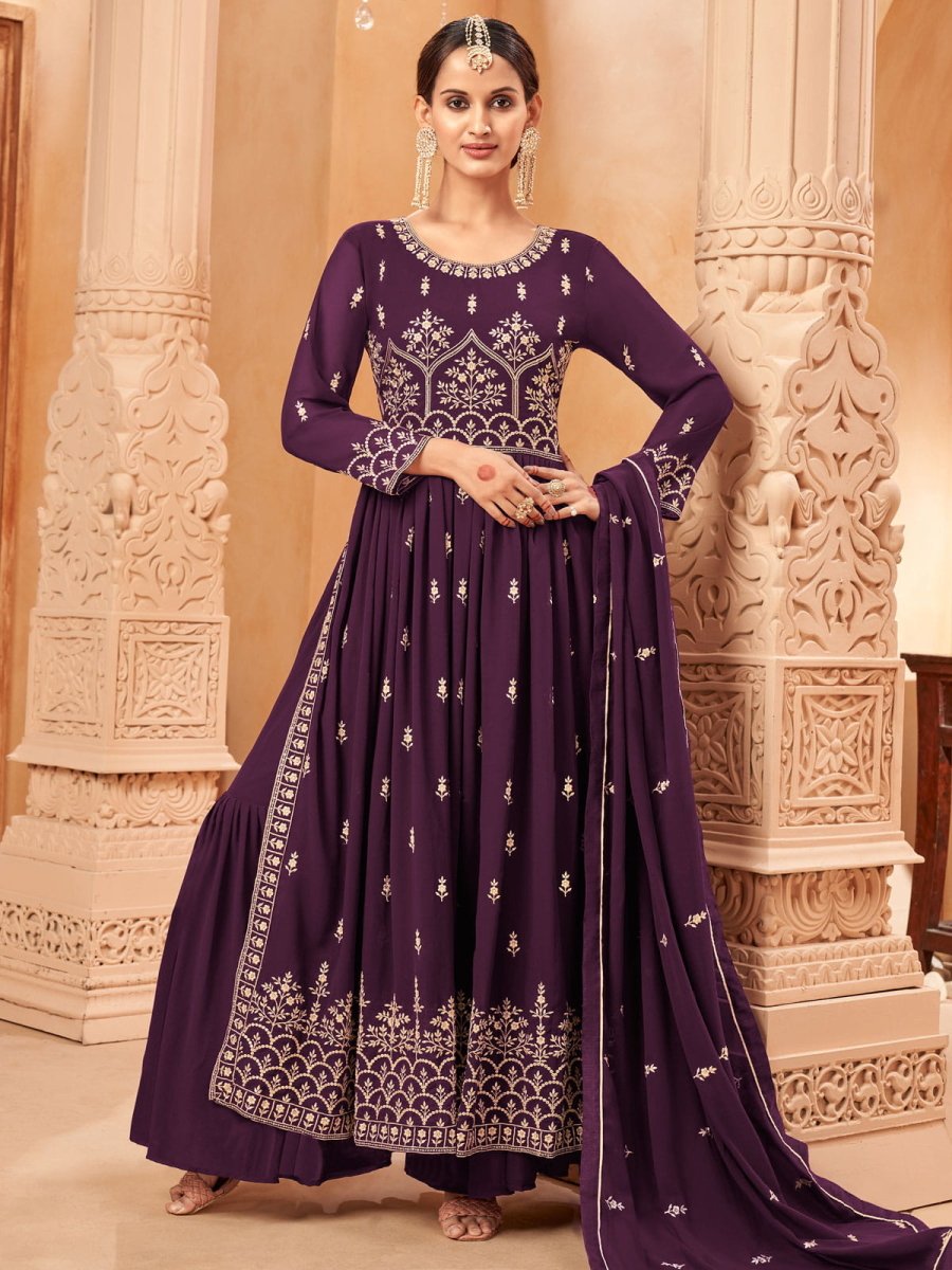 Wine Georgette Partywear High-Slit-Style-Suit with Sharara - Inddus.com