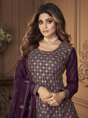 Wine Georgette Partywear Sharara Suit - Inddus.com