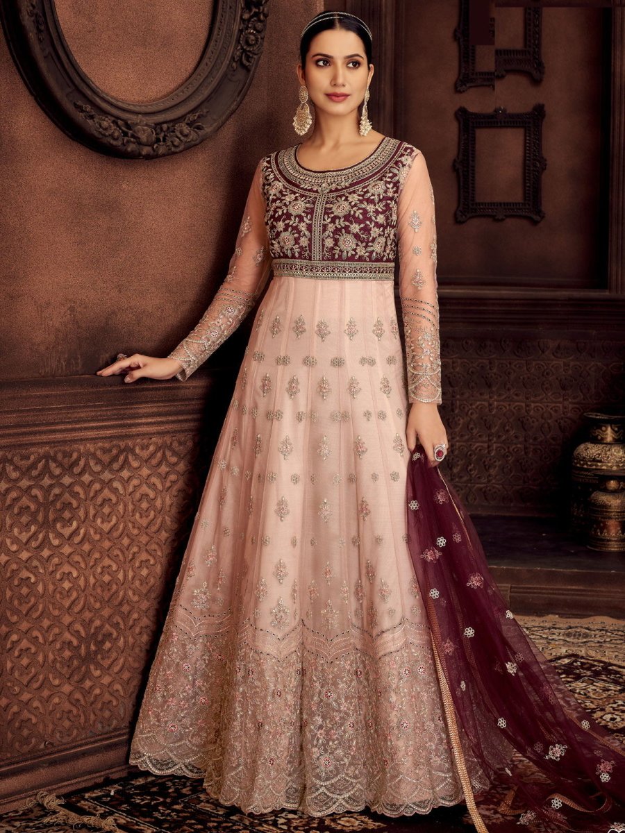 Wine Net Embroidered Partywear Gown - Inddus.com
