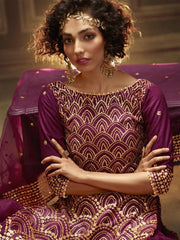 Wine Net Embroidered Partywear Sharara Suit - inddus-us