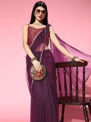 Wine Net Saree with Brocade Blouse Piece - Inddus.com