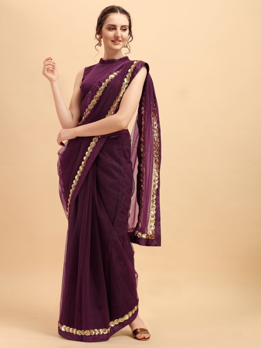 Wine Net Solid Embroidered Saree - inddus-us