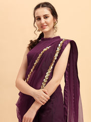 Wine Net Solid Embroidered Saree - inddus-us