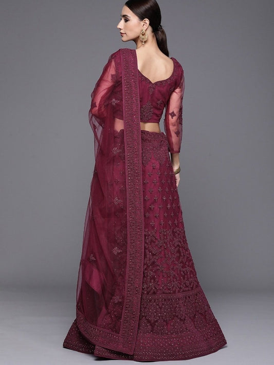 Wine Semistitched Lehenga with Embroidered Blouse and Net Embroidered Dupatta - inddus-us