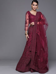 Wine Semistitched Lehenga with Embroidered Blouse and Net Embroidered Dupatta - inddus-us