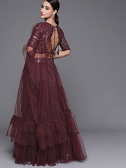Wine Semistitched Lehenga with Sequinned Embroidered Blouse and Net Dupatta - inddus-us