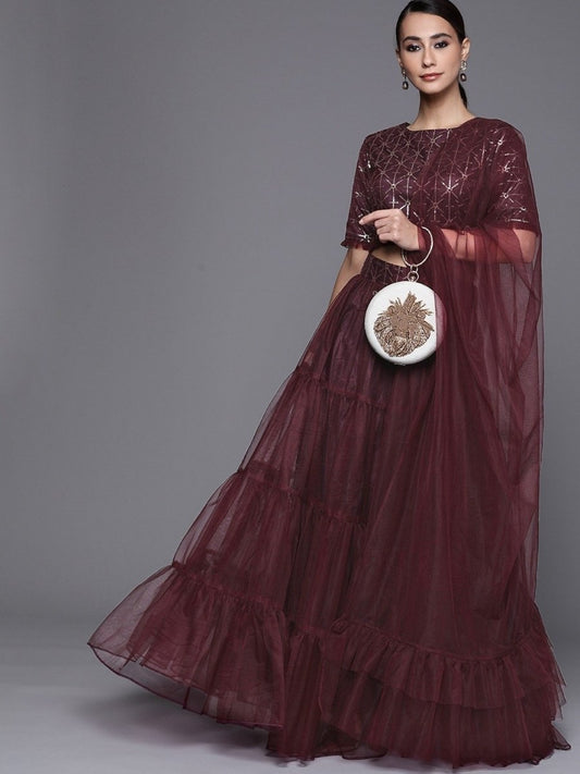 Wine Semistitched Lehenga with Sequinned Embroidered Blouse and Net Dupatta - inddus-us