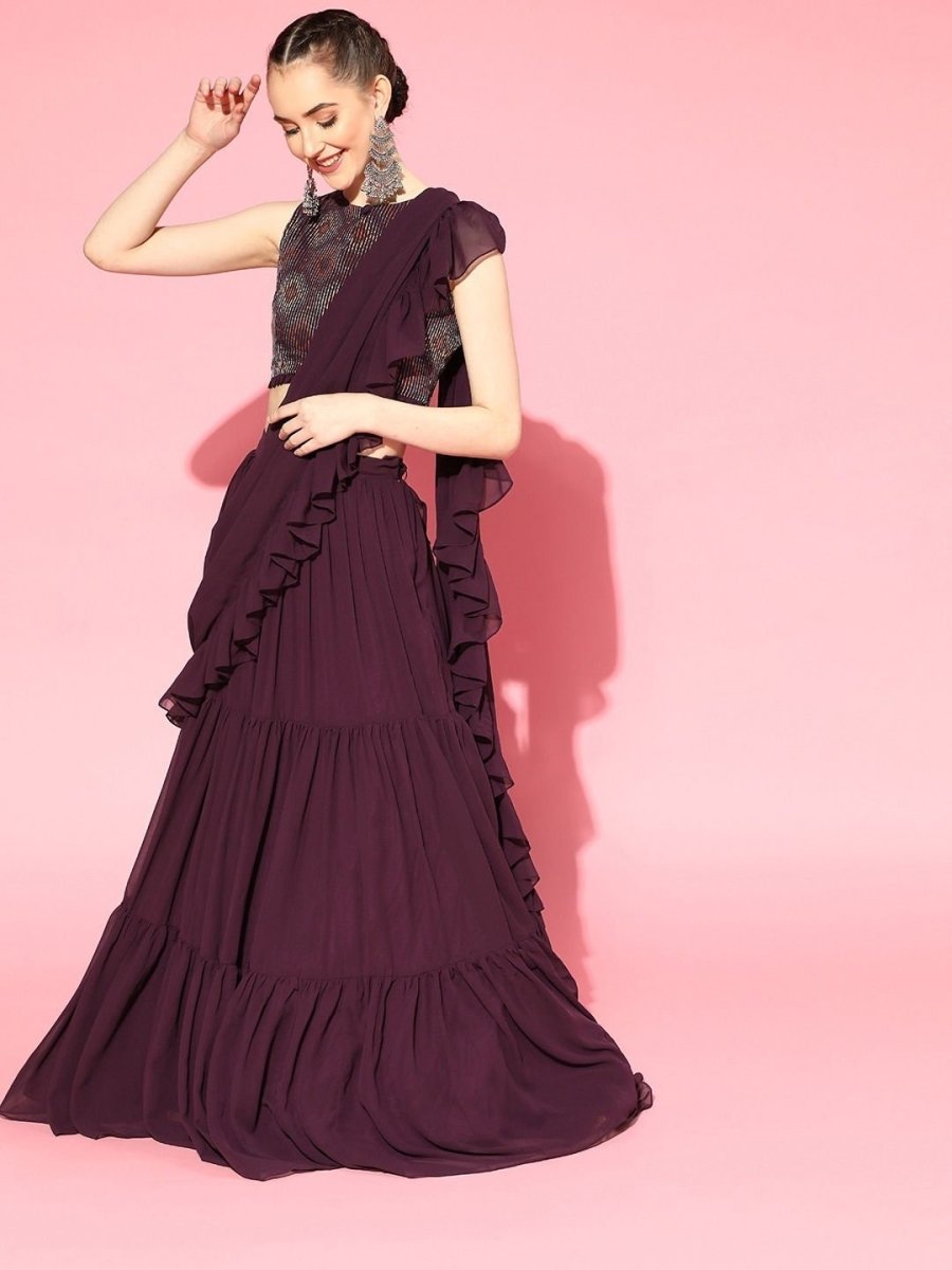 Wine Stitched Teired Lehenga Saree with Embroidered Blouse Piece - inddus-us