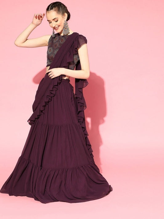 Wine Stitched Teired Lehenga Saree with Embroidered Blouse Piece - inddus-us