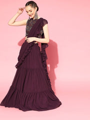 Wine Stitched Teired Lehenga Saree with Embroidered Blouse Piece - inddus-us