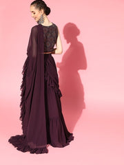 Wine Stitched Teired Lehenga Saree with Embroidered Blouse Piece - inddus-us