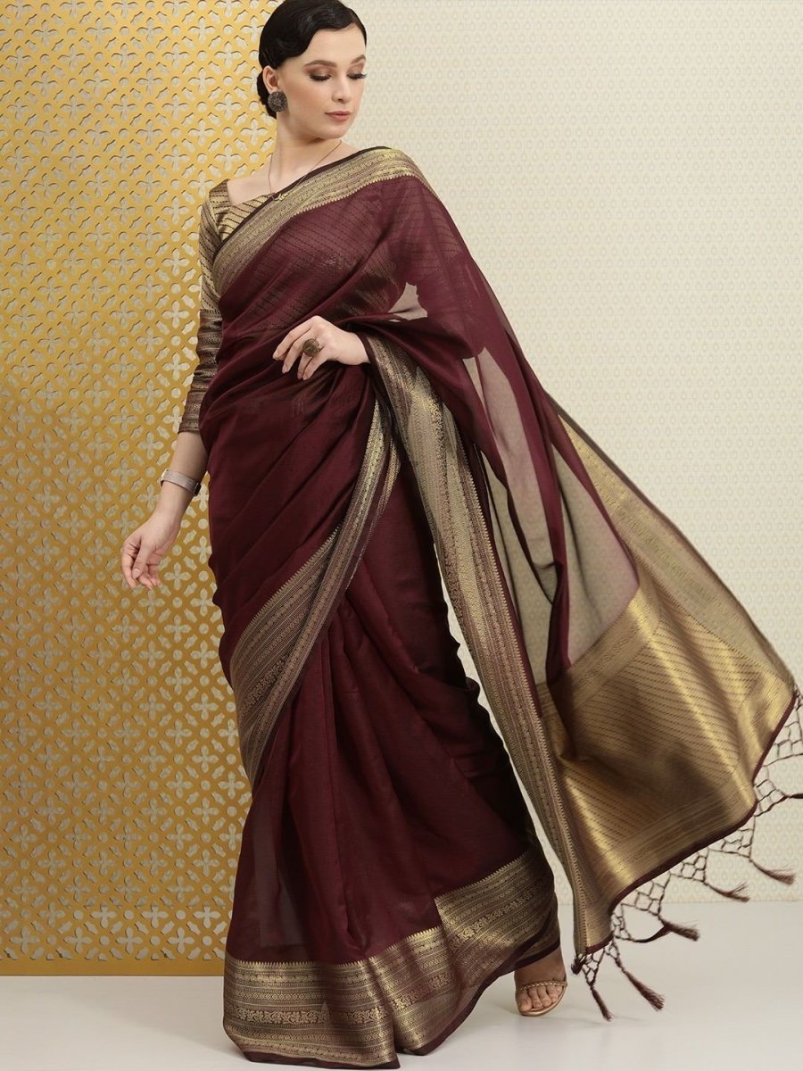 Wine Woven Organza Saree - inddus-us