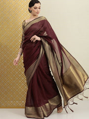 Wine Woven Organza Saree - inddus-us