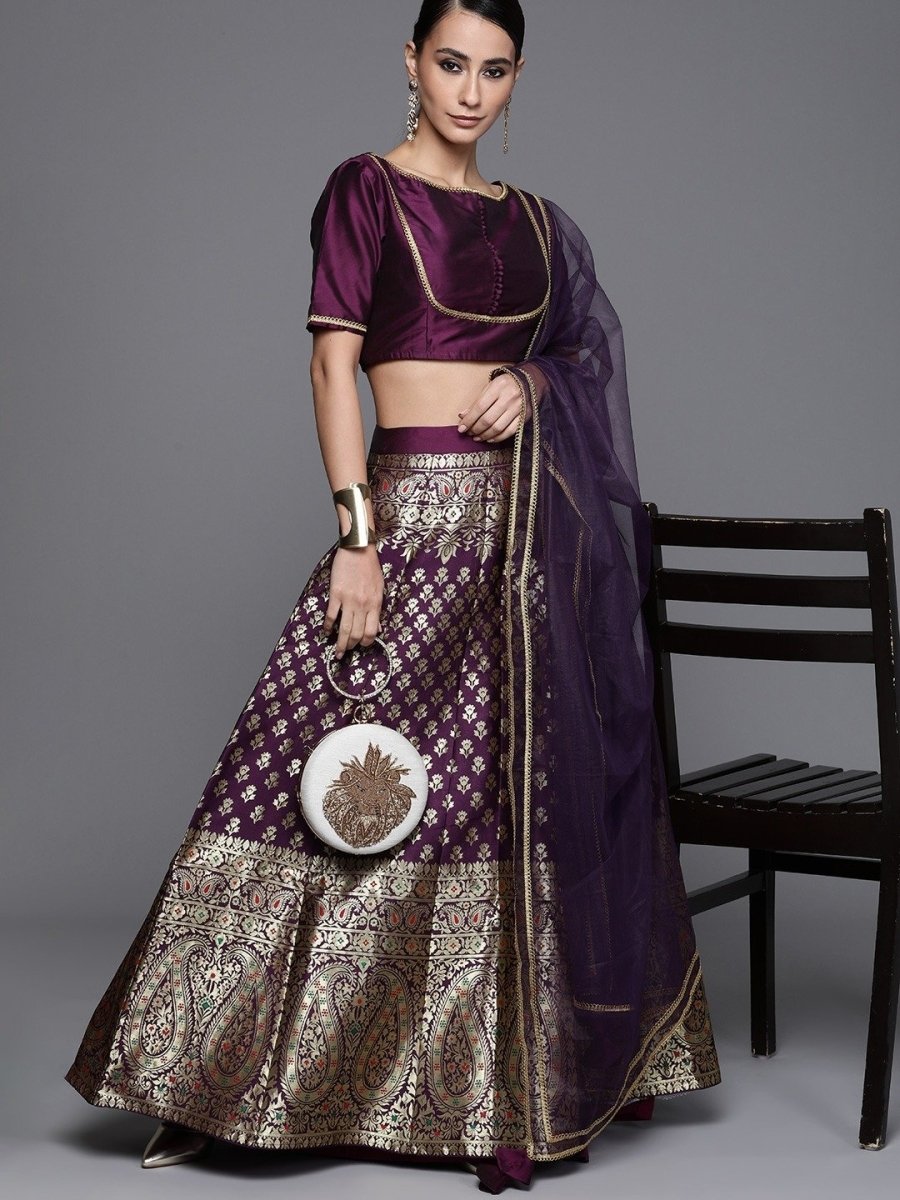 Wine Woven SemiStitched Lehenga with Blouse and Dupatta - inddus-us