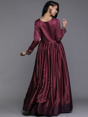 Wine Yoke Embroidered Maxi Dress - inddus-us