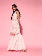 Women Baby Pink Floral Digital Print Kurta with Sharara and Dupatta - Inddus.com