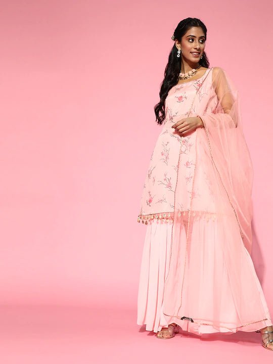 Women Baby Pink Floral Digital Print Kurta with Sharara and Dupatta - Inddus.com