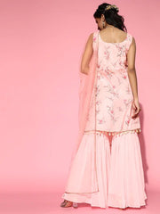 Women Baby Pink Floral Digital Print Kurta with Sharara and Dupatta - Inddus.com