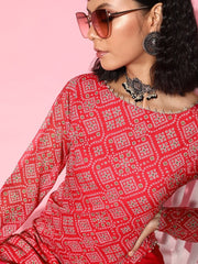 Women Bandhani Poly-Chiffon Asymmetric Hemline Kurta Set - Inddus.com