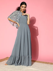 Women Beautiful Grey Solid Swirling Volume Dress - Inddus.com