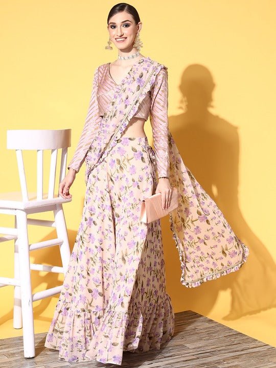 Women Beige and Lavender Floral Print Skirt Drape Ruffle Saree with Woven Design Blouse piece - Inddus.com