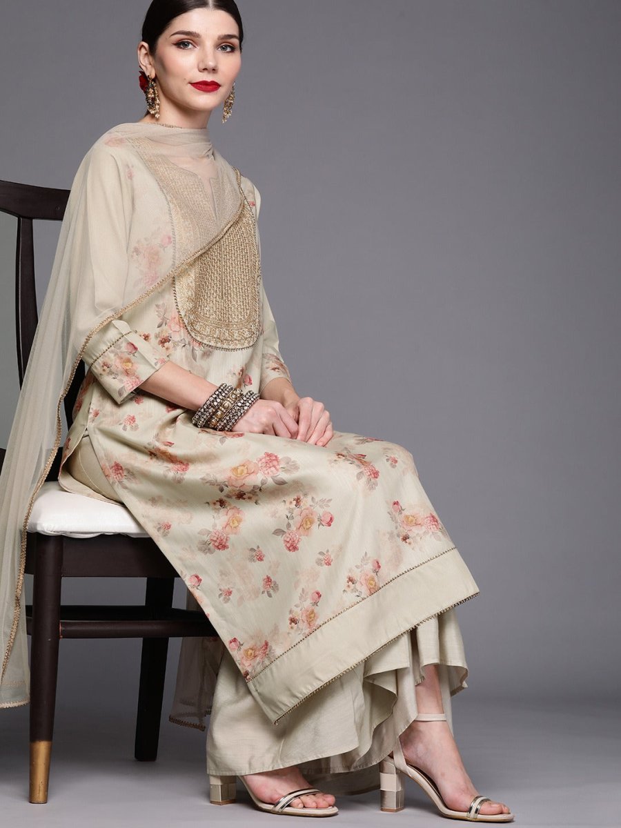 Women Beige Floral Printed Sequinned Kurta with Palazzos & Dupatta - Inddus.com