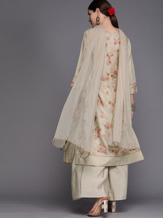 Women Beige Floral Printed Sequinned Kurta with Palazzos & Dupatta - Inddus.com