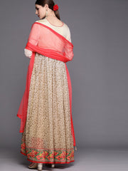 Women Beige Floral Yoke Design Pleated Thread Work Kurta with Trousers & With Dupatta - Inddus.com