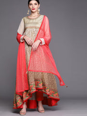 Women Beige Floral Yoke Design Pleated Thread Work Kurta with Trousers & With Dupatta - Inddus.com