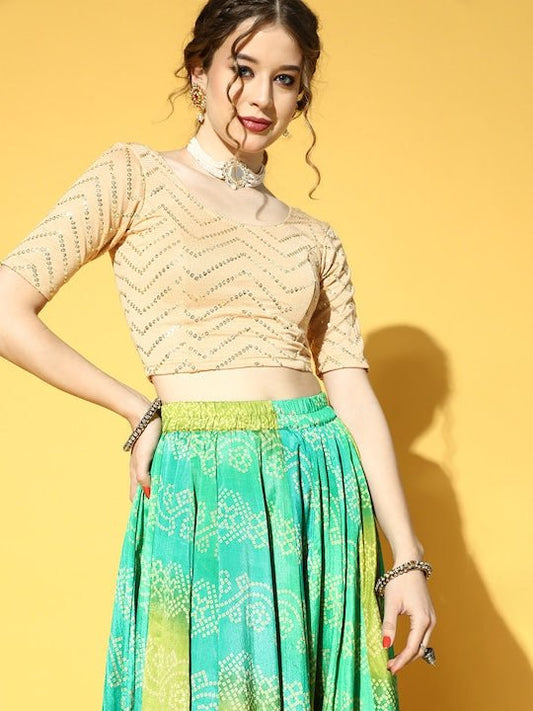 Women Beige & Golden Sequinned Stretchable Slip-On Saree Blouse - Inddus.com