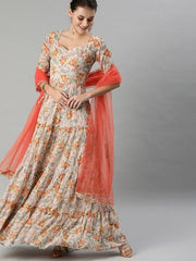 Women Beige & Peach-Coloured Floral Print Anarkali Kurta With Dupatta - Inddus.com