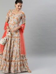 Women Beige & Peach-Coloured Floral Print Anarkali Kurta With Dupatta - Inddus.com