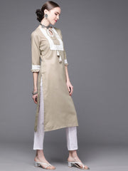 Women Beige & White Yoke Design Kurta - Inddus.com