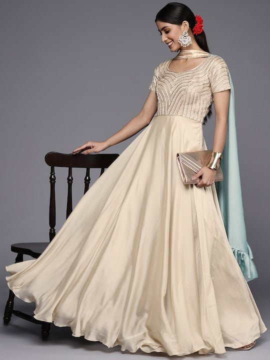 Women Beige Yoke Design Georgette Anarkali Kurta - Inddus.com