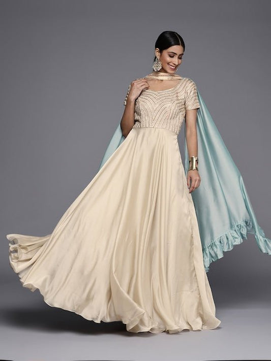 Women Beige Yoke Design Georgette Anarkali Kurta - Inddus.com
