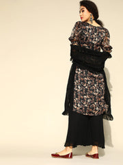 Women Black & Beige Floral Print Satin Finish Kurta with Palazzo & Ruffled Dupatta - Inddus.com