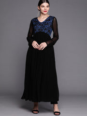 Women Black & Blue Floral Yoke Design Thread Work Georgette Anarkali Kurta - Inddus.com