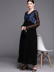 Women Black & Blue Floral Yoke Design Thread Work Georgette Anarkali Kurta - Inddus.com