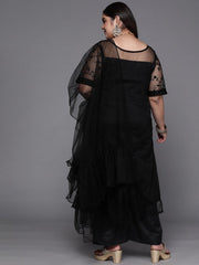 Women Black Embroidered Sequinned Net Kurta with Palazzos & Dupatta - Inddus.com