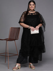 Women Black Embroidered Sequinned Net Kurta with Palazzos & Dupatta - Inddus.com