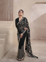 Women Black Floral Multi Thread and Sequins Embroidered Saree with Blouse Piece - Inddus.com