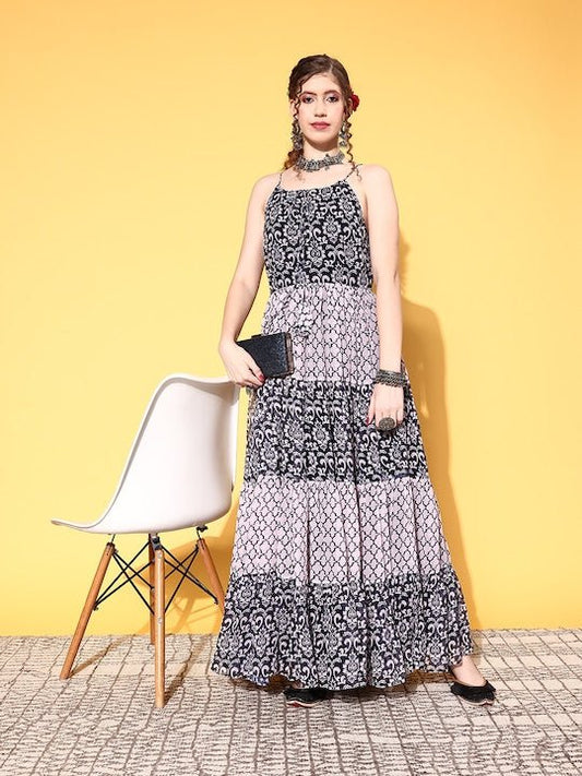 Women Black Floral Swirling Volume Dress - Inddus.com