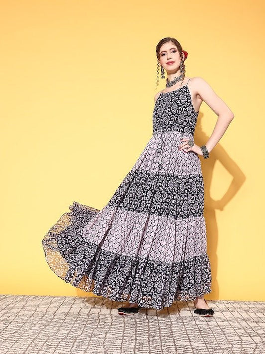 Women Black Floral Swirling Volume Dress - Inddus.com