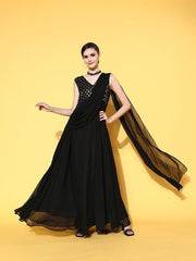 Women Black Georgette Elevated Gown - Inddus.com
