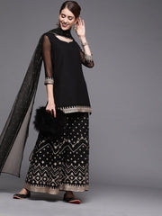 Women Black Georgette Kurti with Embroidered Sharara & Dupatta - inddus-us