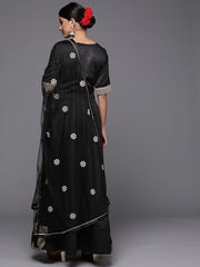 Women Black & Gold-Toned Ethnic Motifs Embroidered Satin Anarkali Kurta - Inddus.com